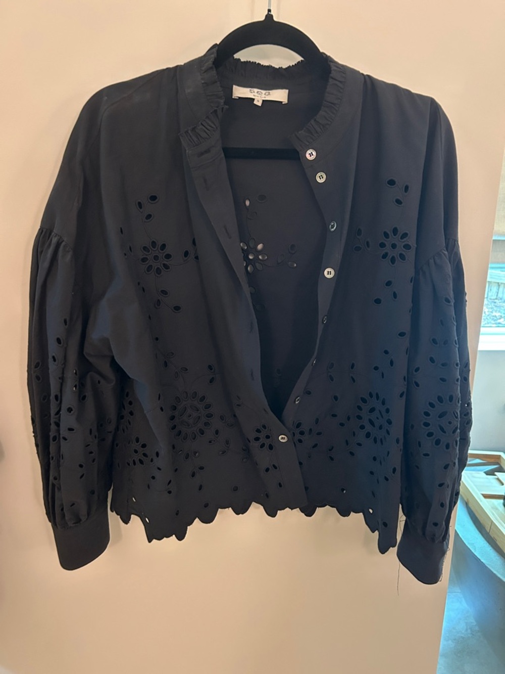 Sea New York Black Blouse with Ruffled Neckline